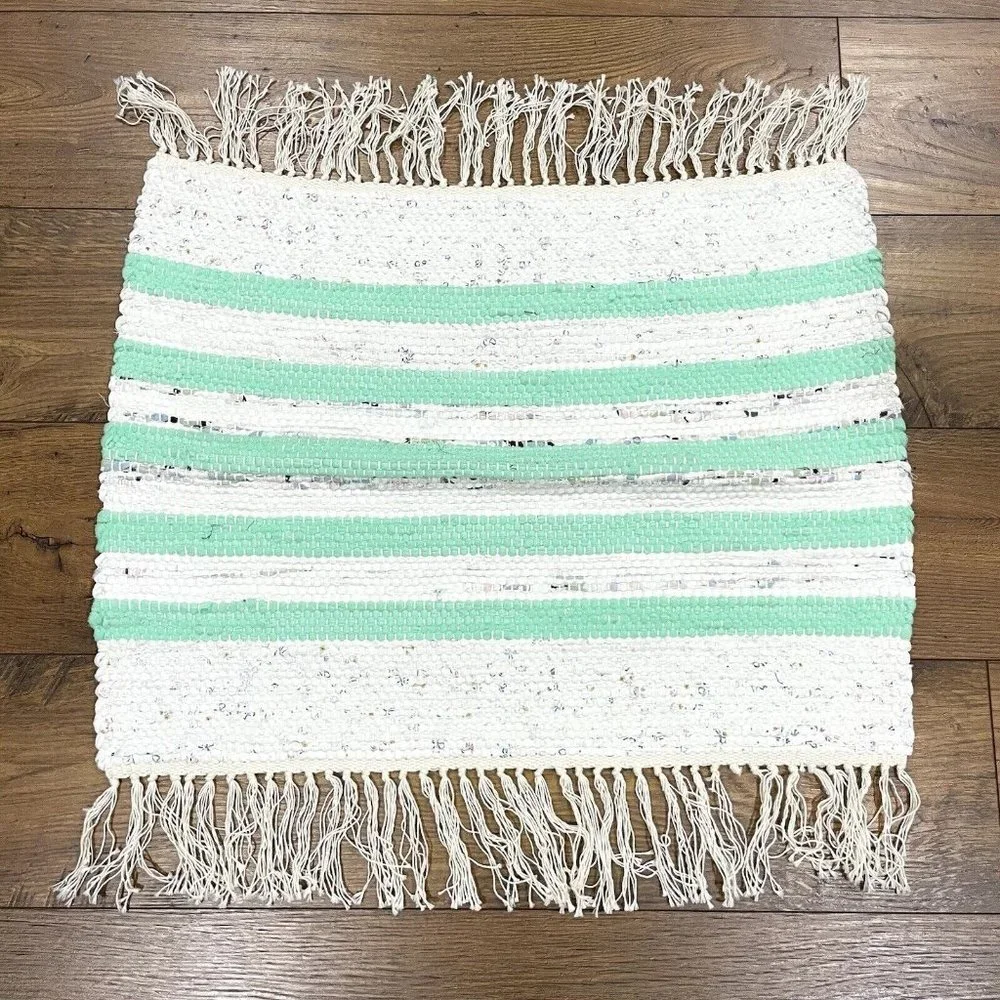 NEW Handmade Woven Rag Rug 20x26 Fringe Tassel Throw Cotton Striped Green Ivory